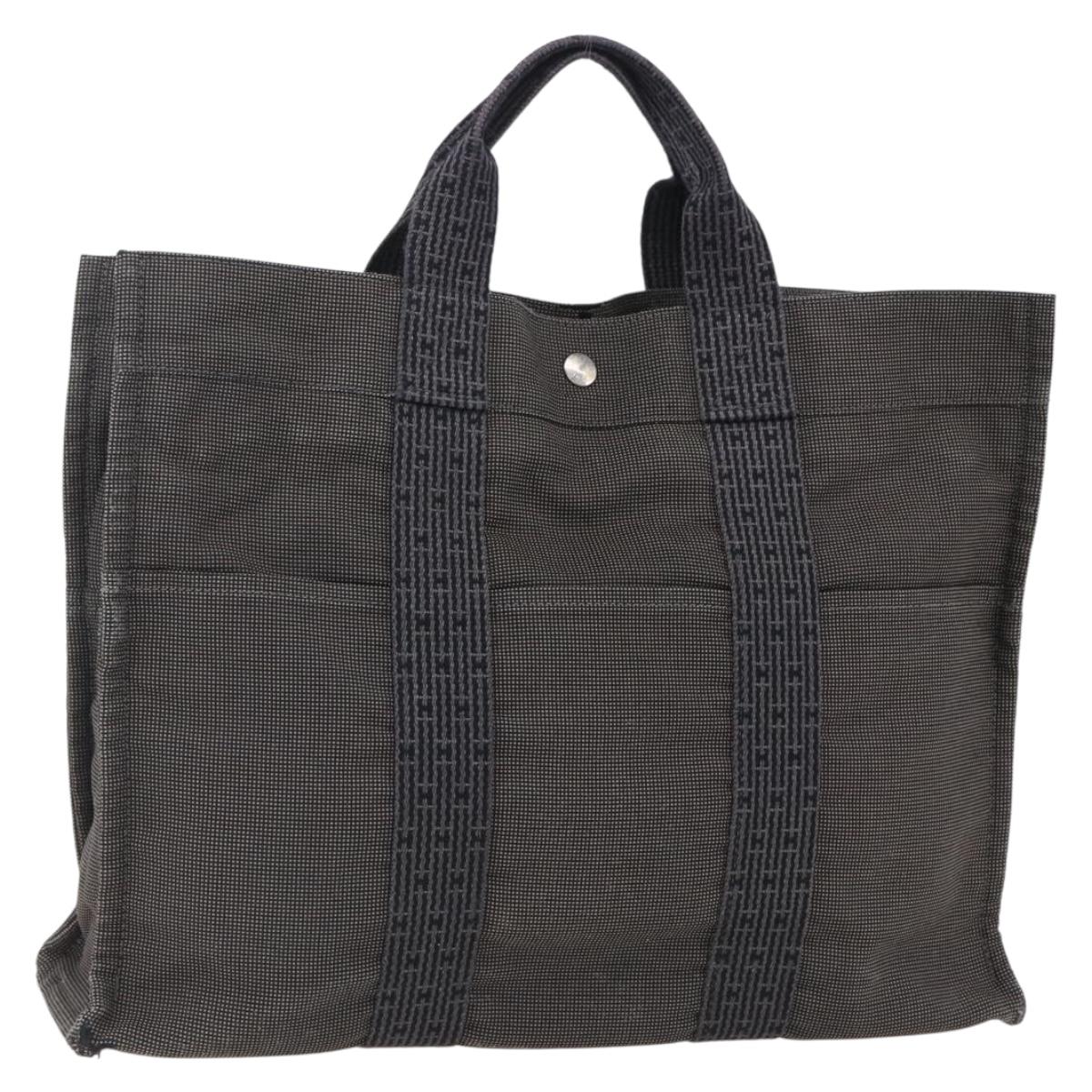 HERMES Her Line Tote MM Hand Bag Canvas Gray Auth 163456