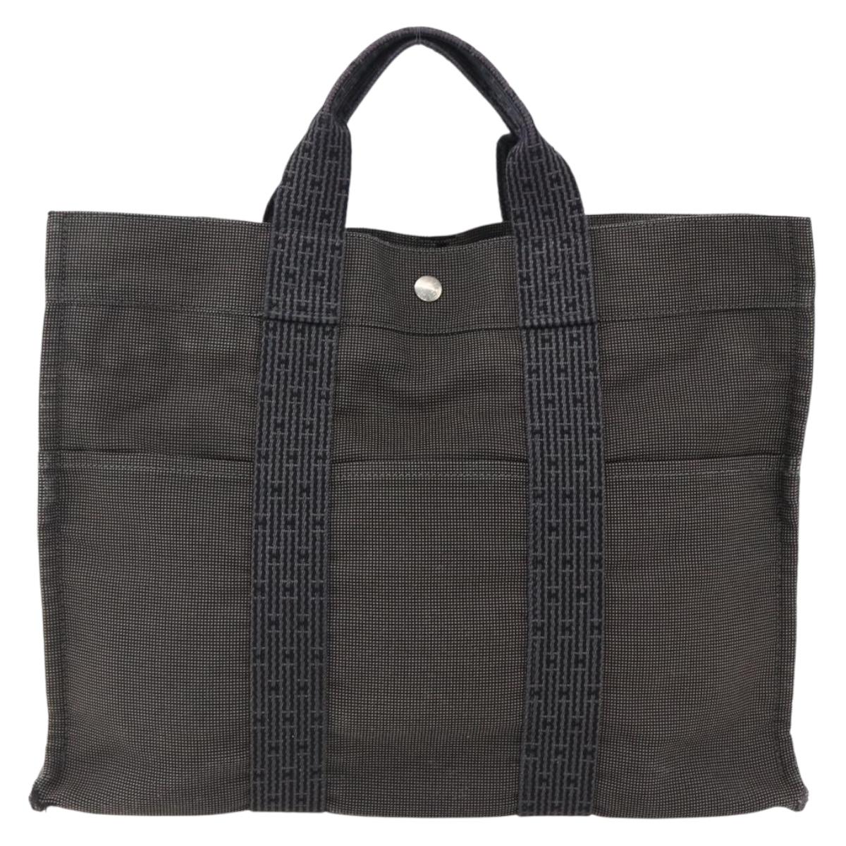HERMES Her Line Tote MM Hand Bag Canvas Gray Auth 163456