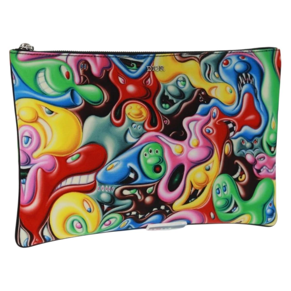 Christian Dior Clutch Bag Nylon Multicolor Silver Auth 163482V