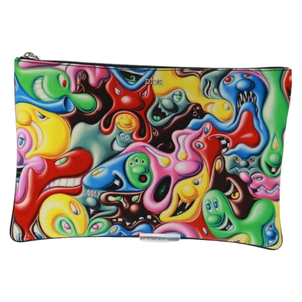 Christian Dior Clutch Bag Nylon Multicolor Silver Auth 163482V