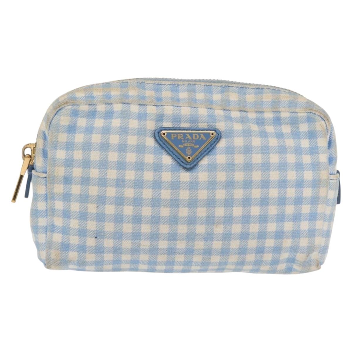 PRADA Pouch Cotton Light Blue Gold Auth 163486
