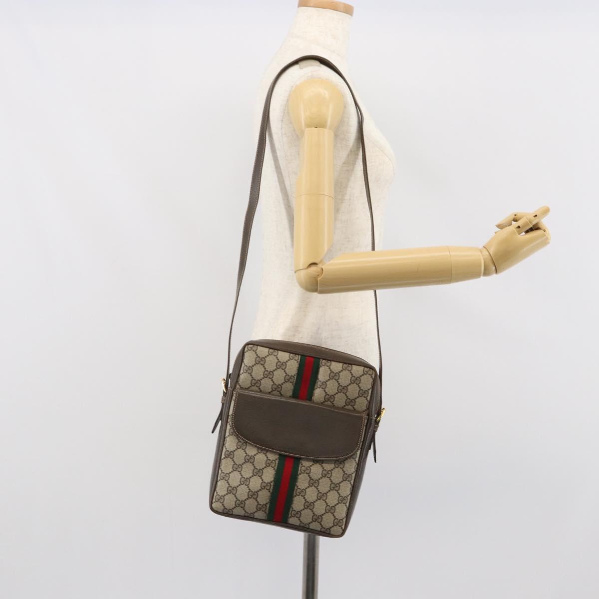 GUCCI GG Supreme Web Sherry Line Shoulder Bag PVC Beige Gold Auth 163502