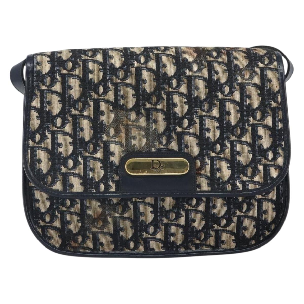 Christian Dior Trotter Canvas Shoulder Bag Navy Gold Auth 163503
