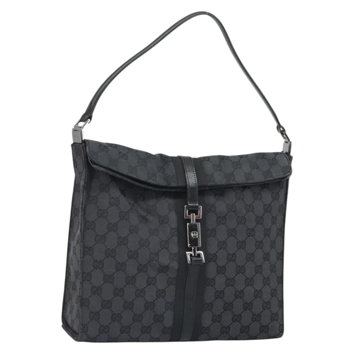 GUCCI GG Canvas Jackie Shoulder Bag Black Silver 001 3355 2123 Auth 163556