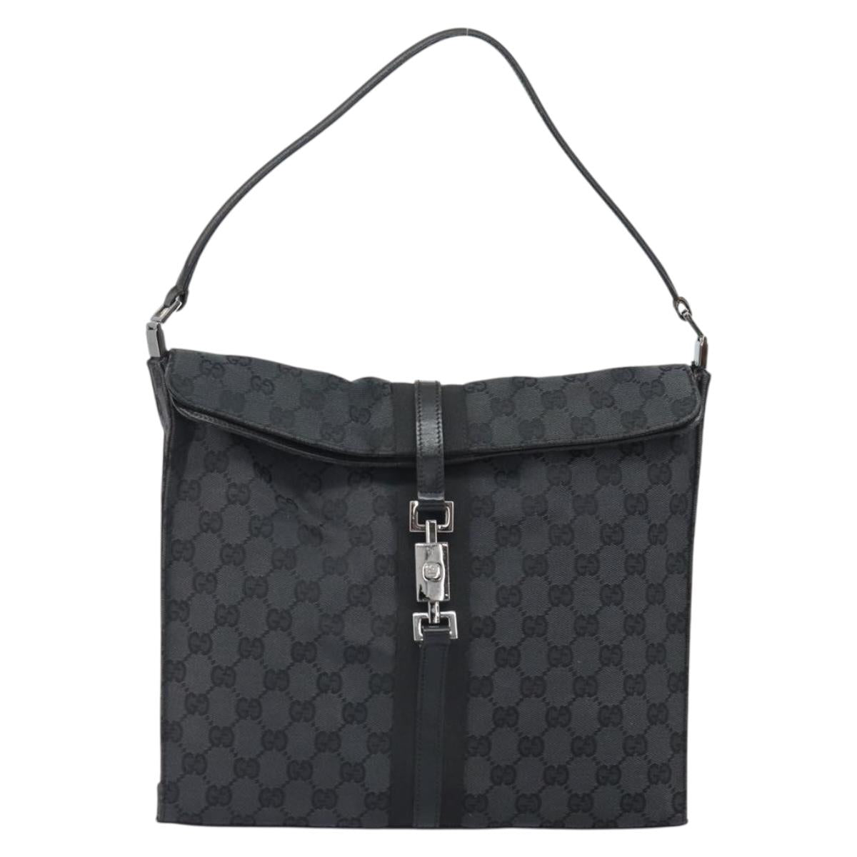 GUCCI GG Canvas Jackie Shoulder Bag Black Silver 001 3355 2123 Auth 163556