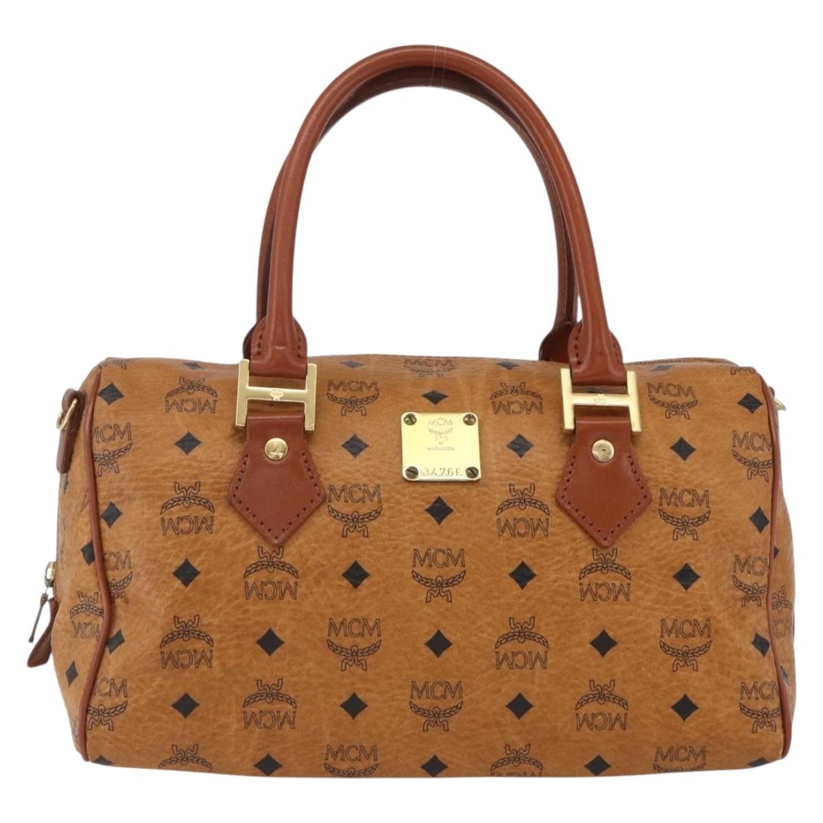 MCM Vicetos Logogram Boston Bag PVC Leather Brown Gold Auth 163563