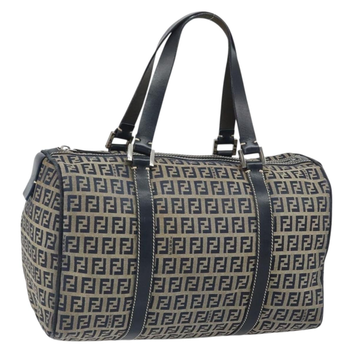 FENDI Zucchino Canvas Boston Bag Navy Silver Auth 163575
