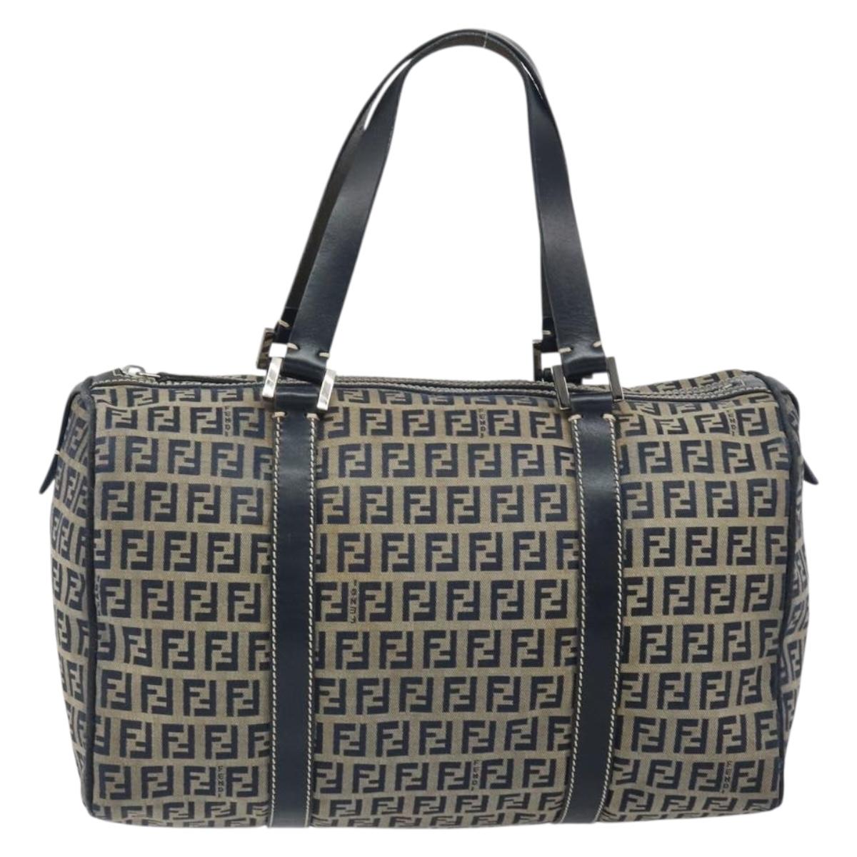 FENDI Zucchino Canvas Boston Bag Navy Silver Auth 163575