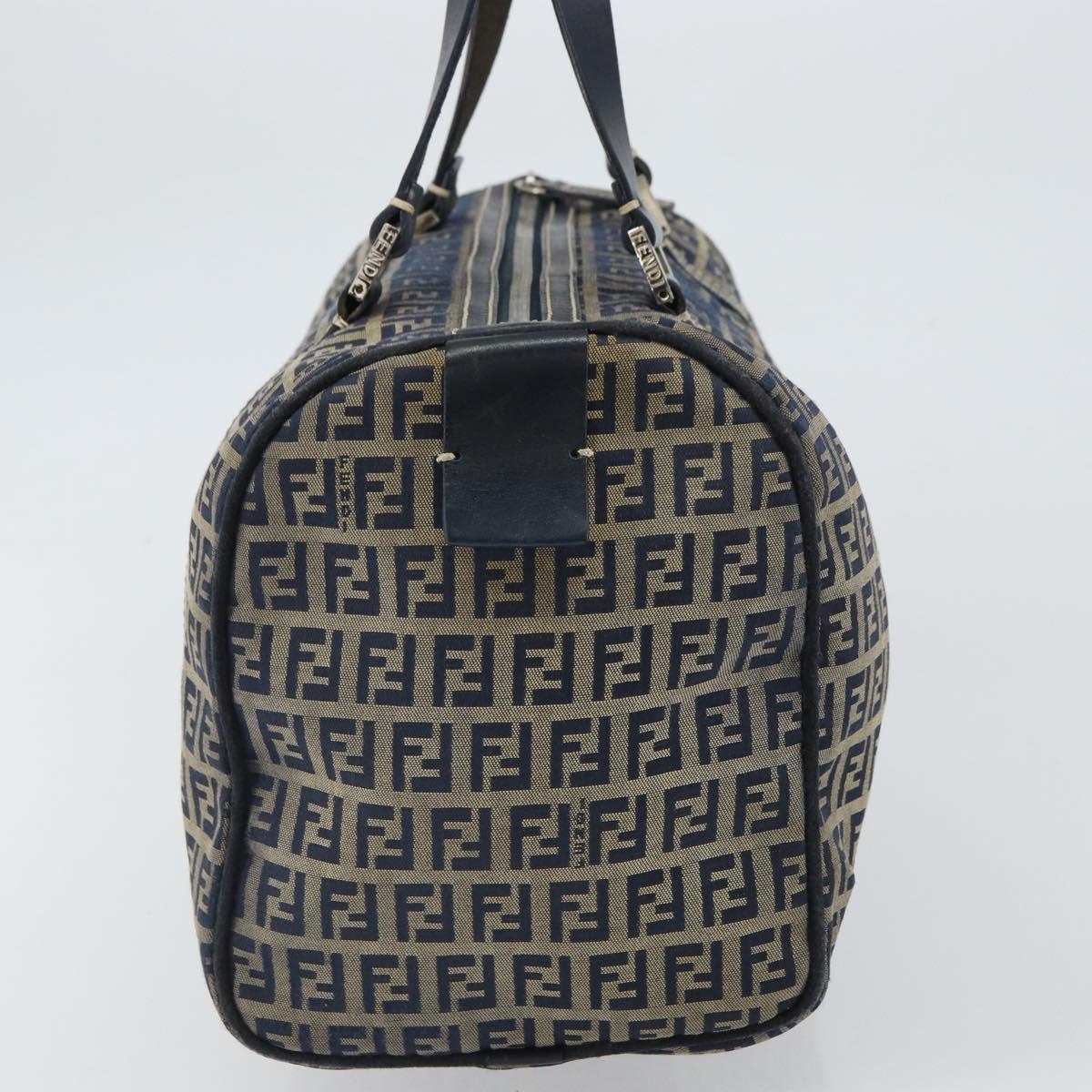 FENDI Zucchino Canvas Boston Bag Navy Silver Auth 163575