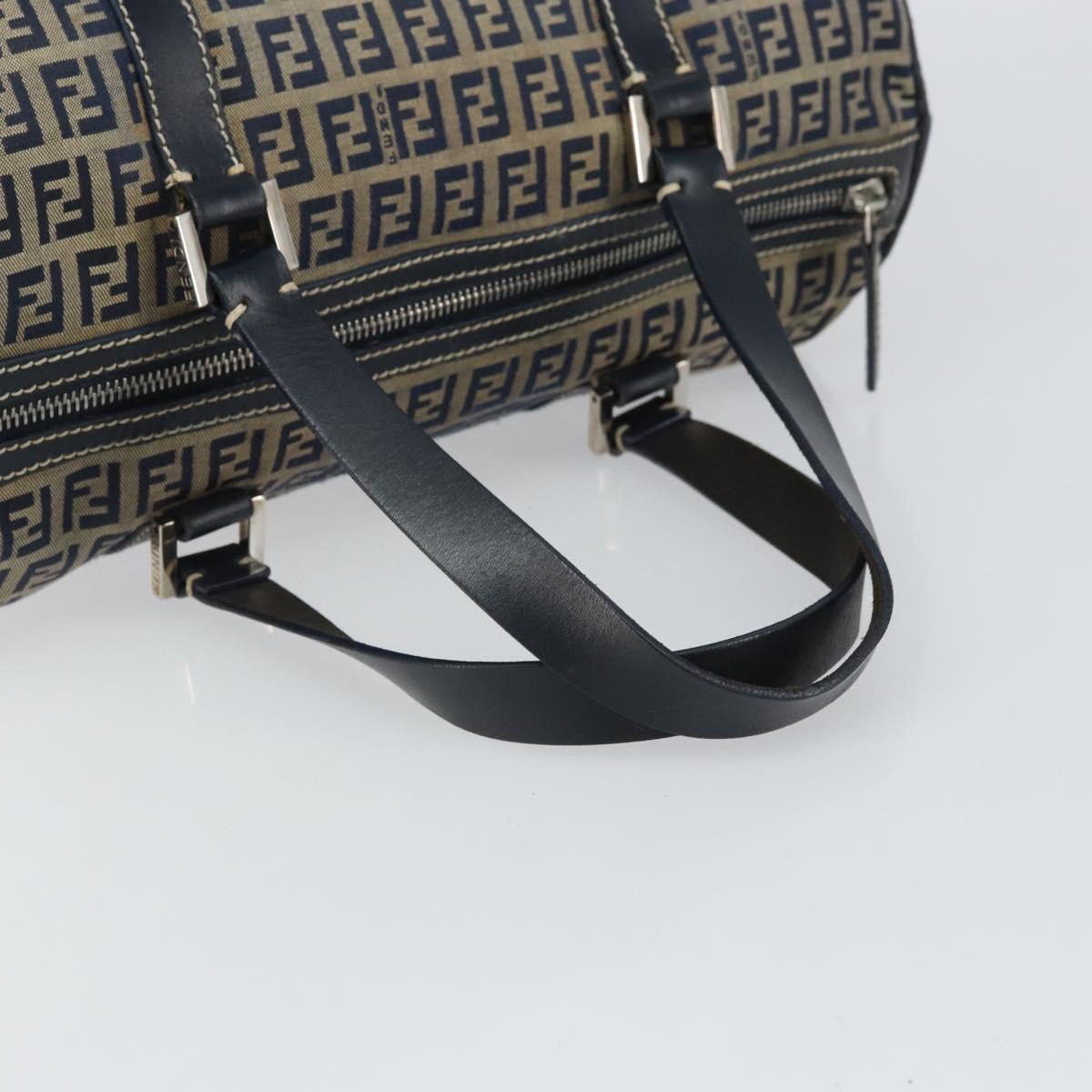 FENDI Zucchino Canvas Boston Bag Navy Silver Auth 163575
