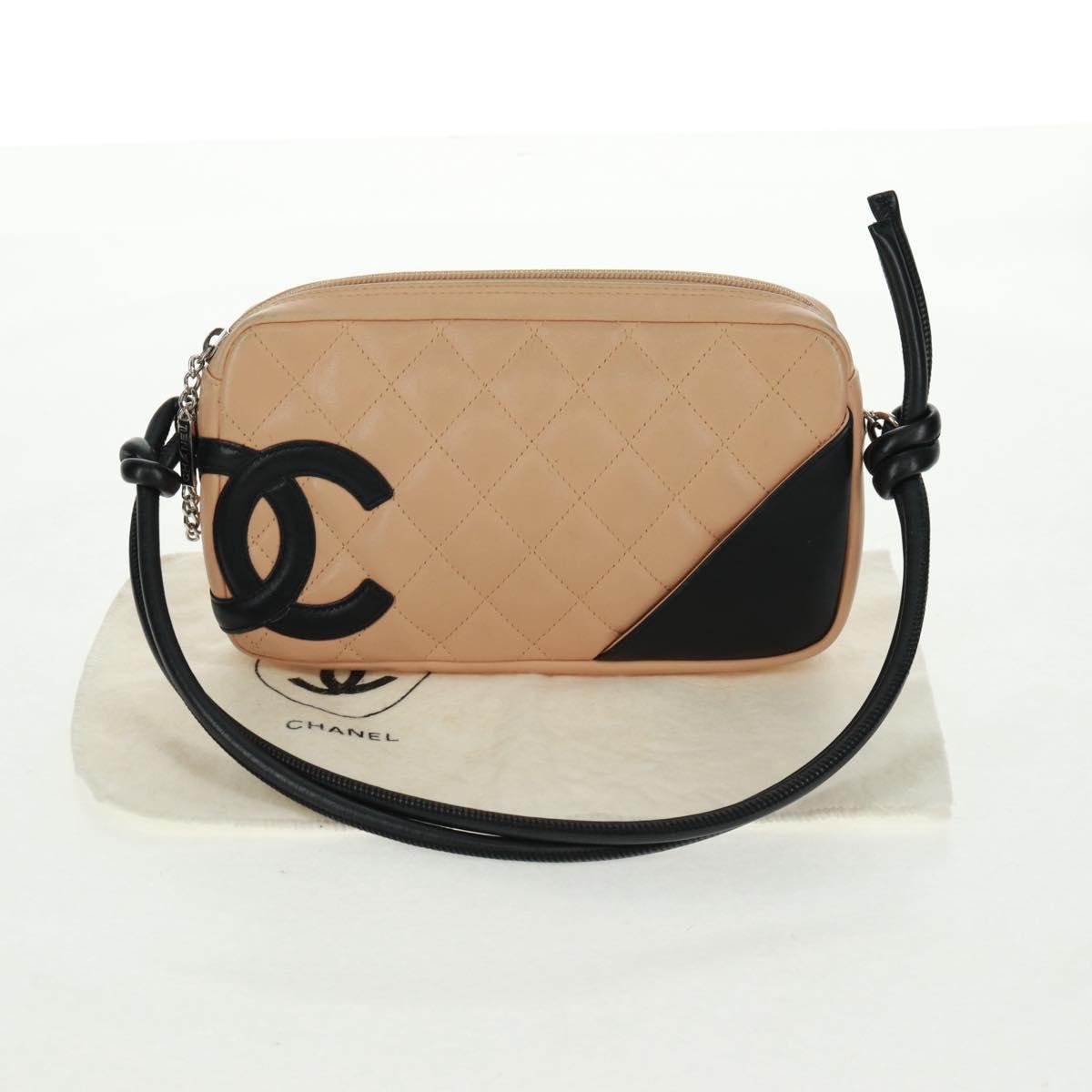 CHANEL Cambon Line Matelasse Shoulder Bag Leather Beige Silver CC Auth 163616V