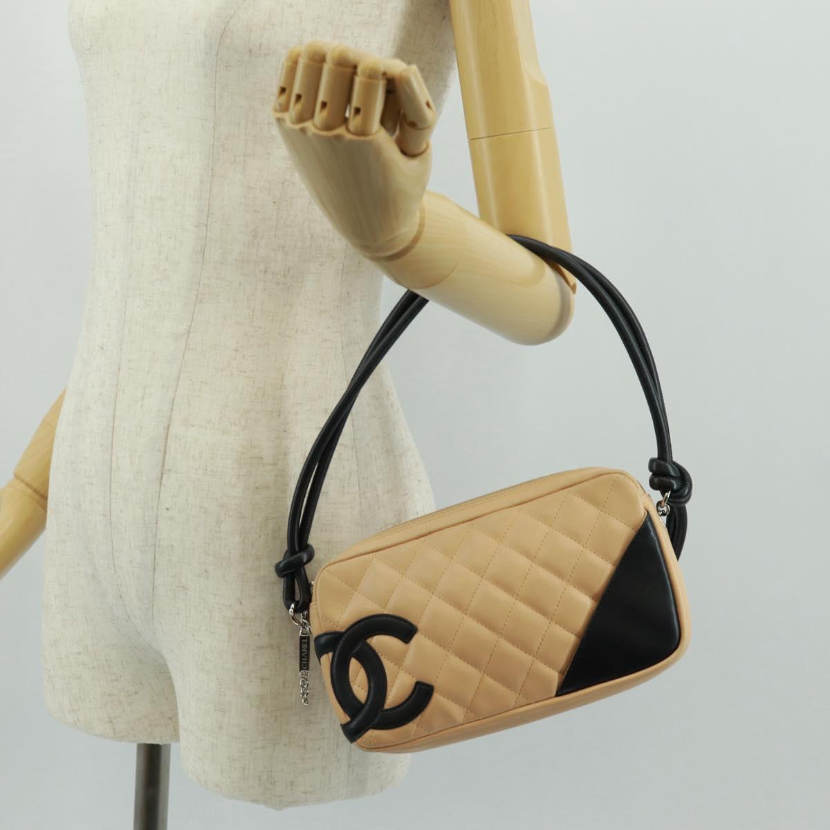 CHANEL Cambon Line Matelasse Shoulder Bag Leather Beige Silver CC Auth 163616V