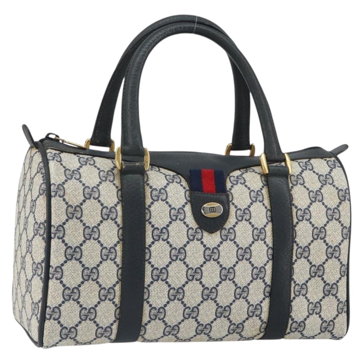 GUCCI GG Supreme Sherry Line Boston Bag PVC Navy Gold Red 111 02 006 Auth 163624