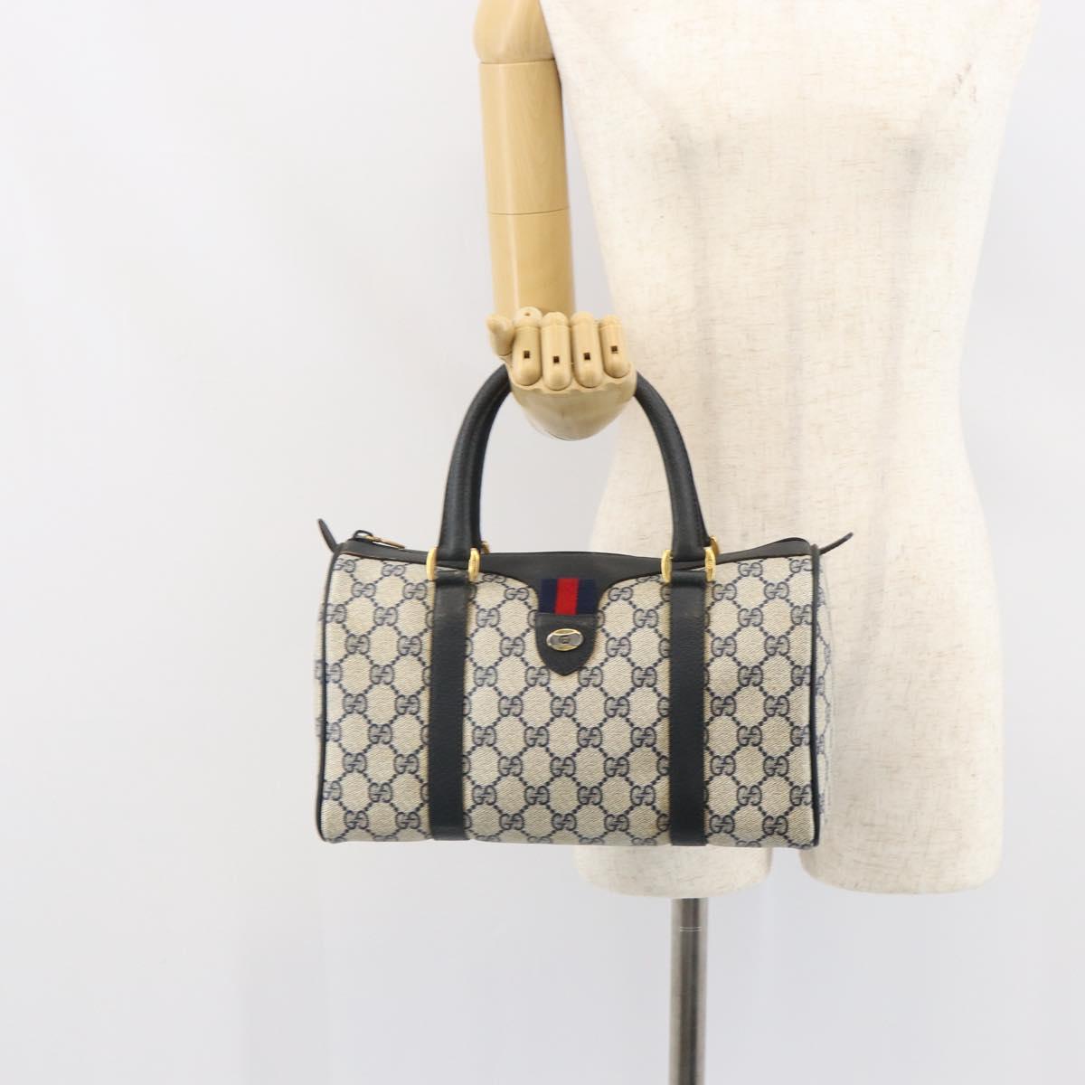GUCCI GG Supreme Sherry Line Boston Bag PVC Navy Gold Red 111 02 006 Auth 163624