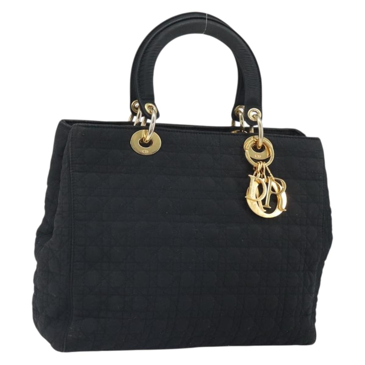 Christian Dior Lady Dior Canage Hand Bag Nylon Black Gold Auth 163634