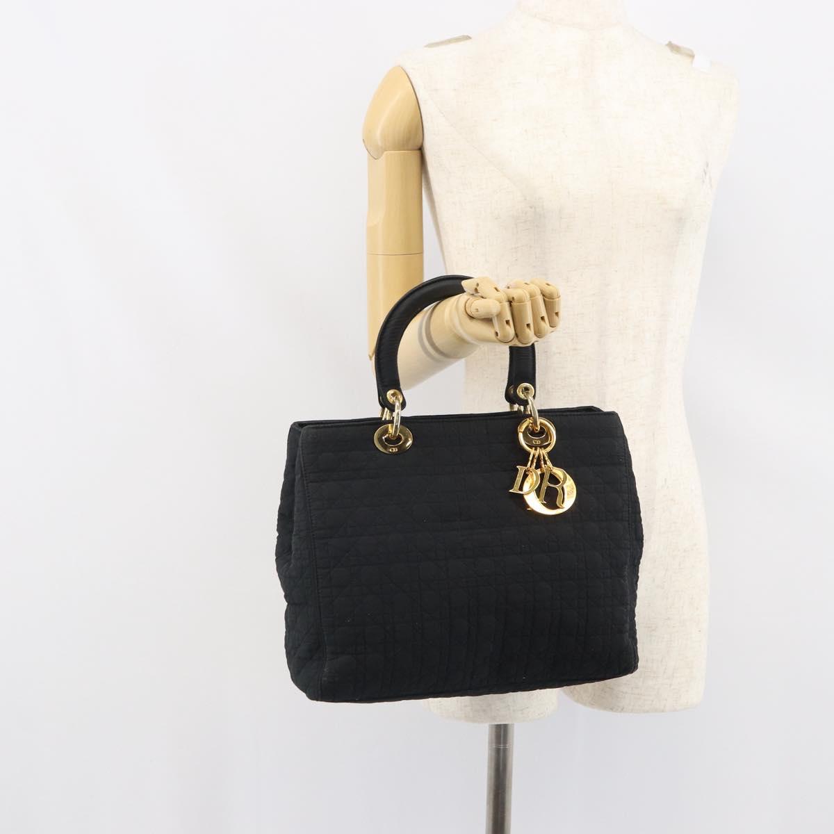 Christian Dior Lady Dior Canage Hand Bag Nylon Black Gold Auth 163634