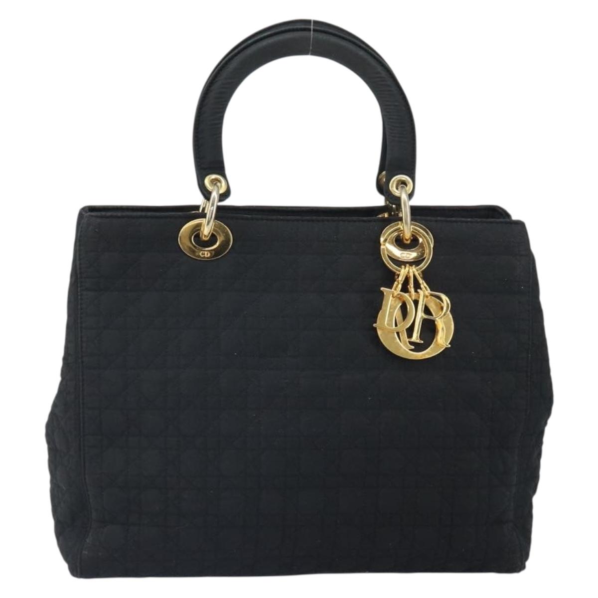 Christian Dior Lady Dior Canage Hand Bag Nylon Black Gold Auth 163634