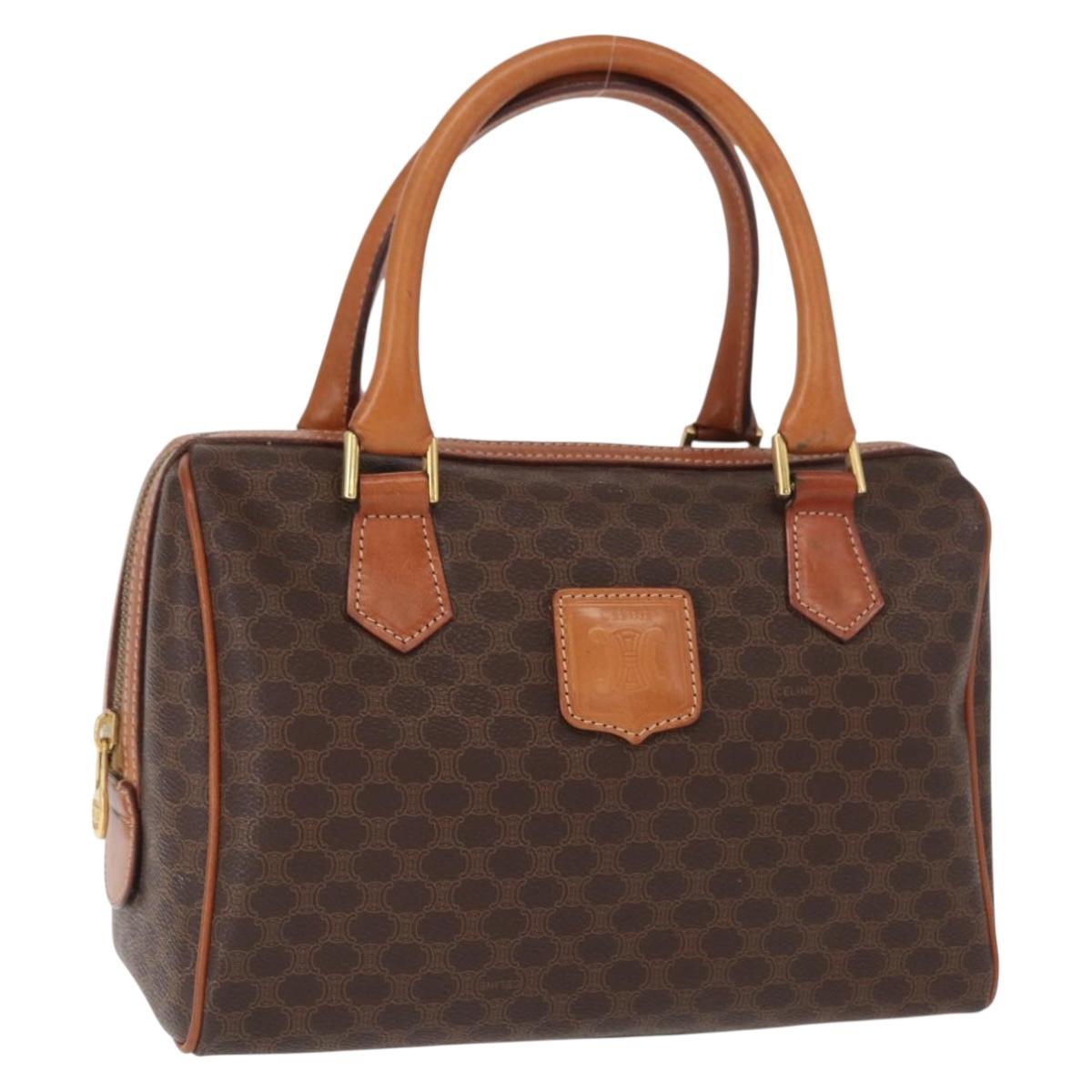 CELINE Macadam Canvas Boston Bag PVC Leather Brown Gold Auth 163655