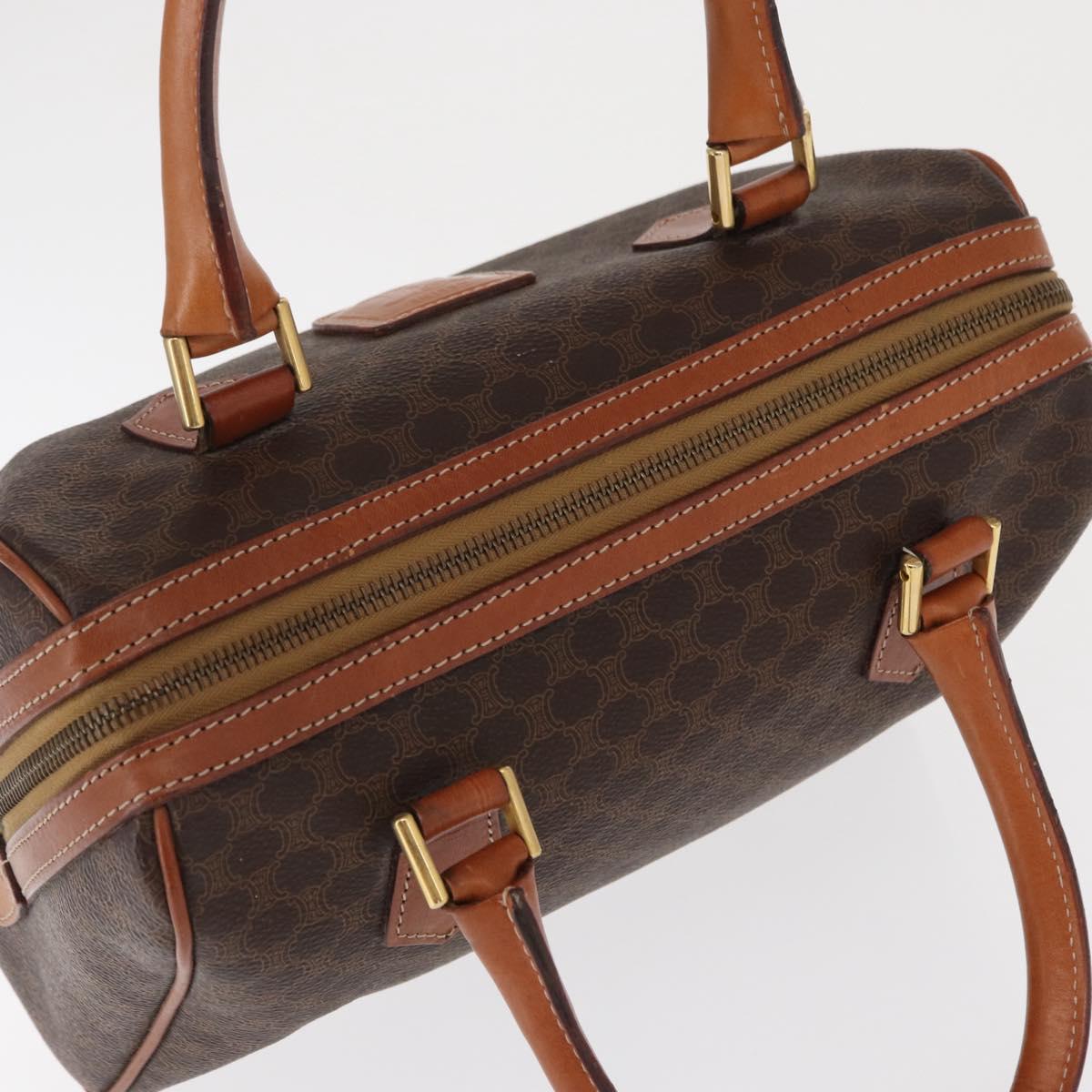 CELINE Macadam Canvas Boston Bag PVC Leather Brown Gold Auth 163655