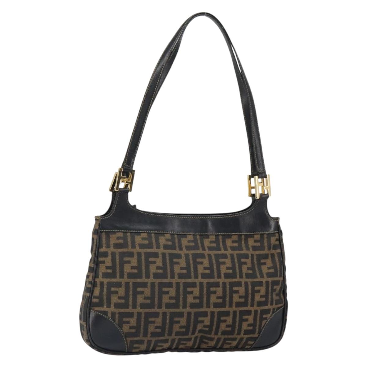 FENDI Zucca Canvas Shoulder Bag Black Brown Auth 163660