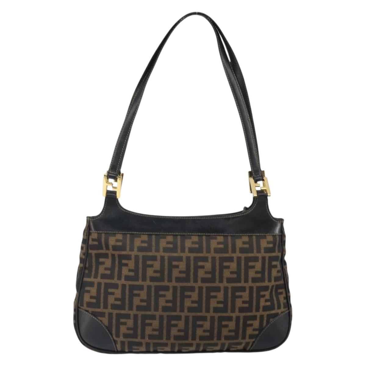FENDI Zucca Canvas Shoulder Bag Black Brown Auth 163660