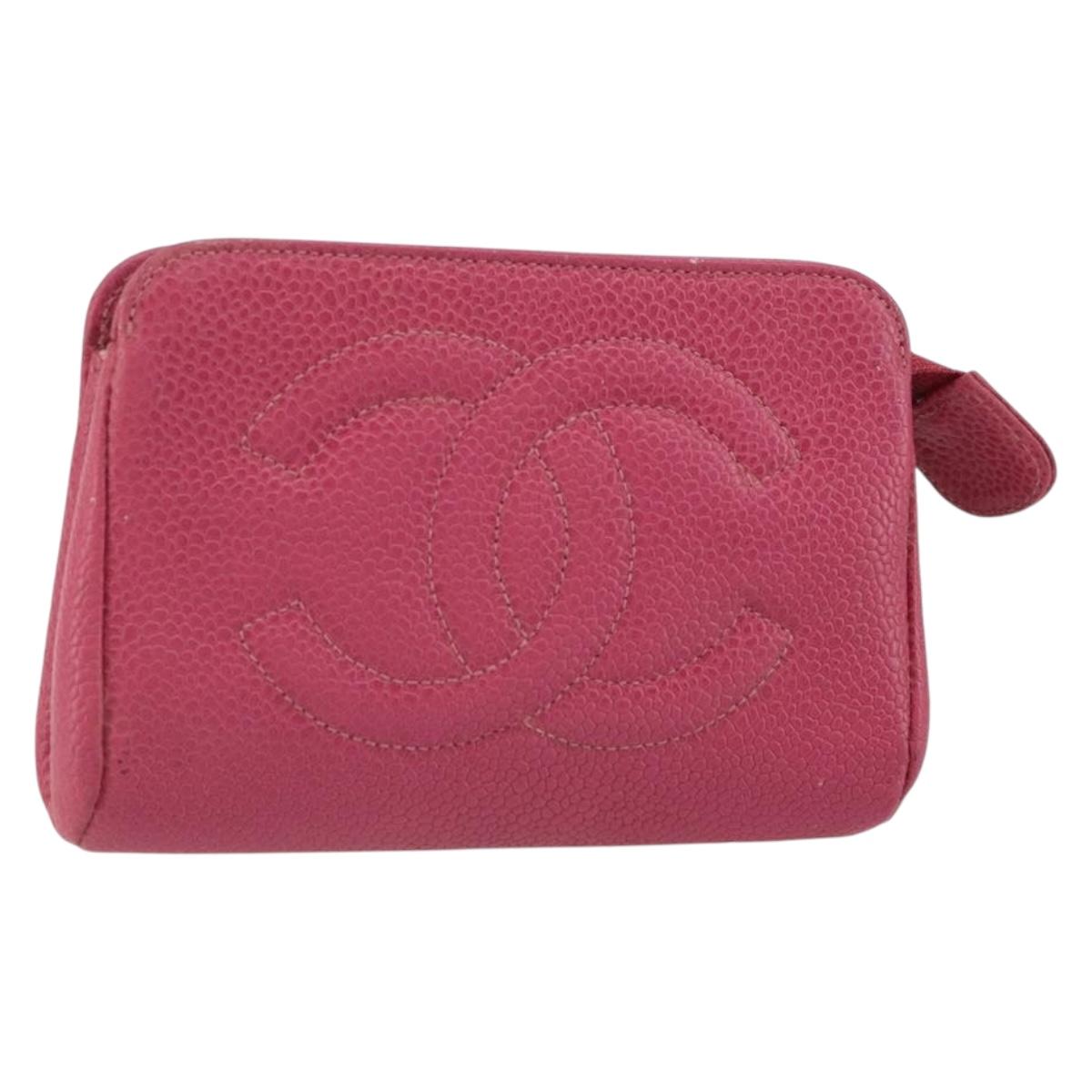 CHANEL COCO Mark Pouch Caviar Skin Pink Gold CC Auth 163727