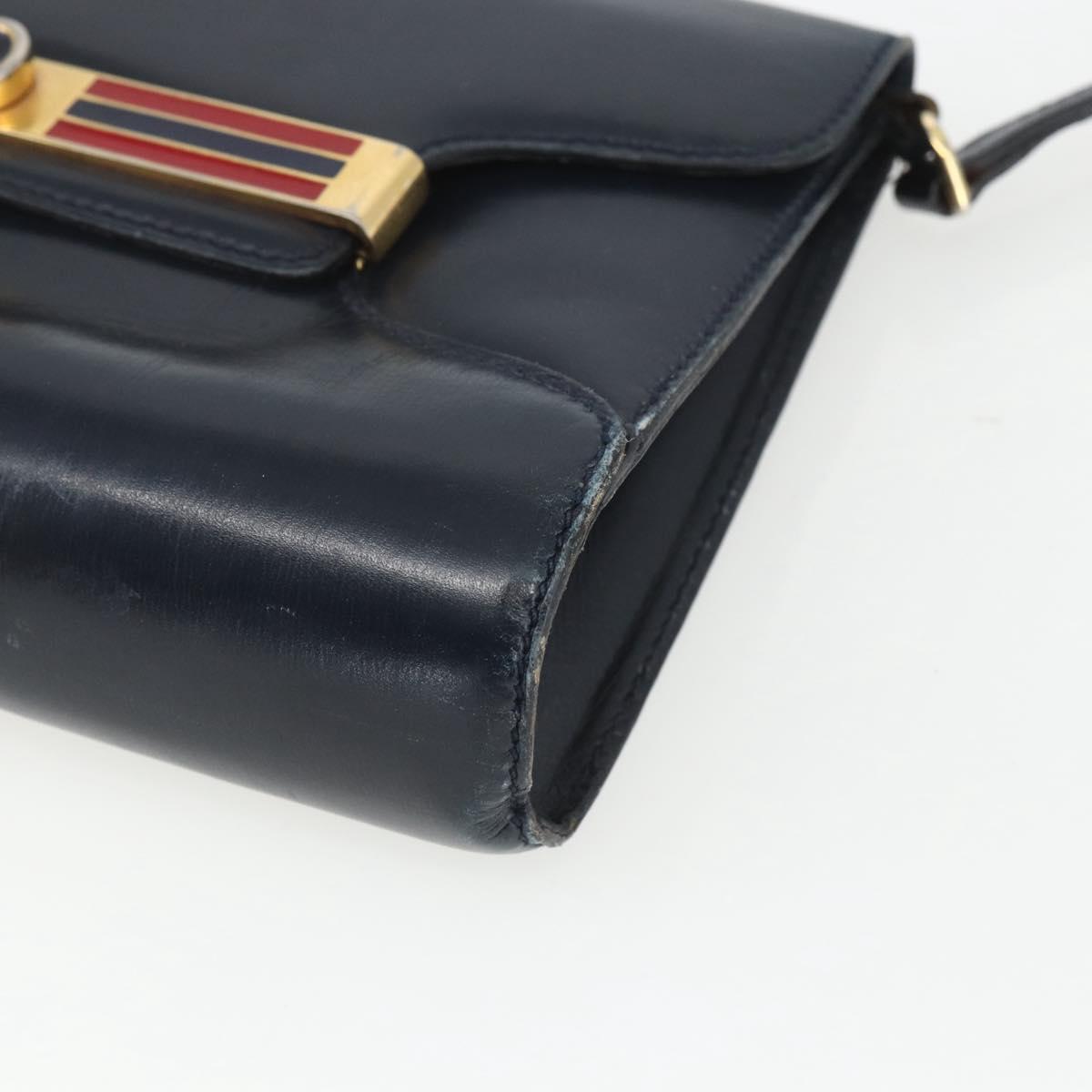 GUCCI Shoulder Bag Leather Navy Gold Auth 163760