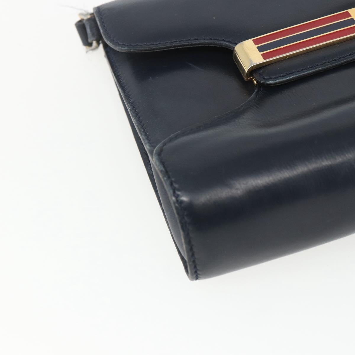 GUCCI Shoulder Bag Leather Navy Gold Auth 163760
