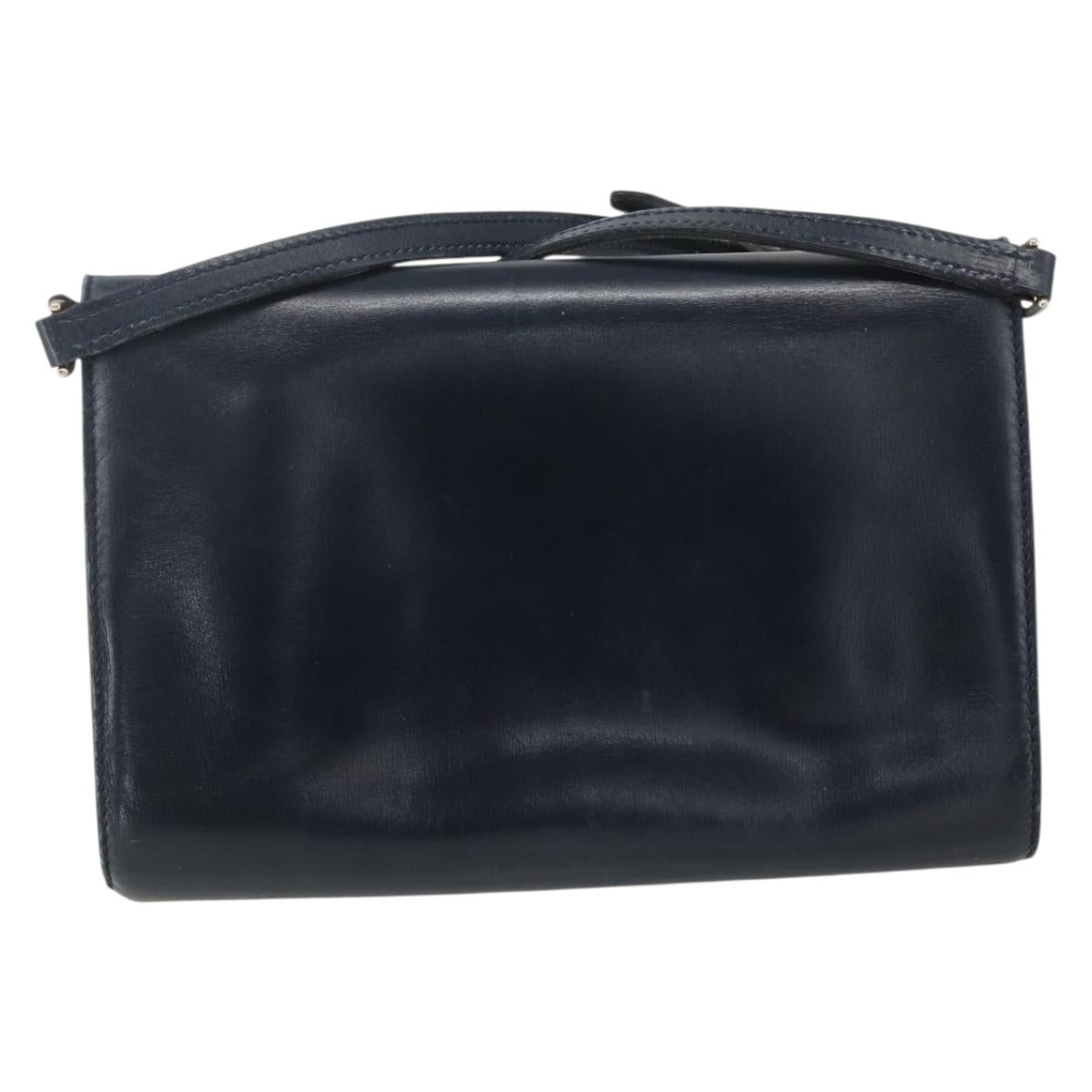GUCCI Shoulder Bag Leather Navy Gold Auth 163760