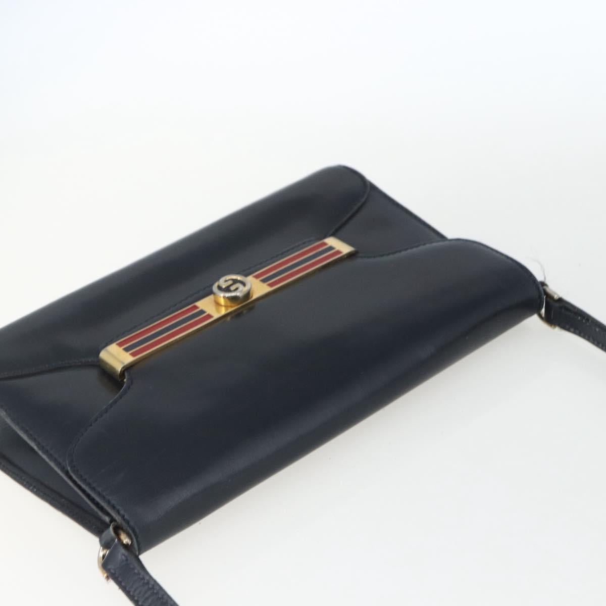 GUCCI Shoulder Bag Leather Navy Gold Auth 163760