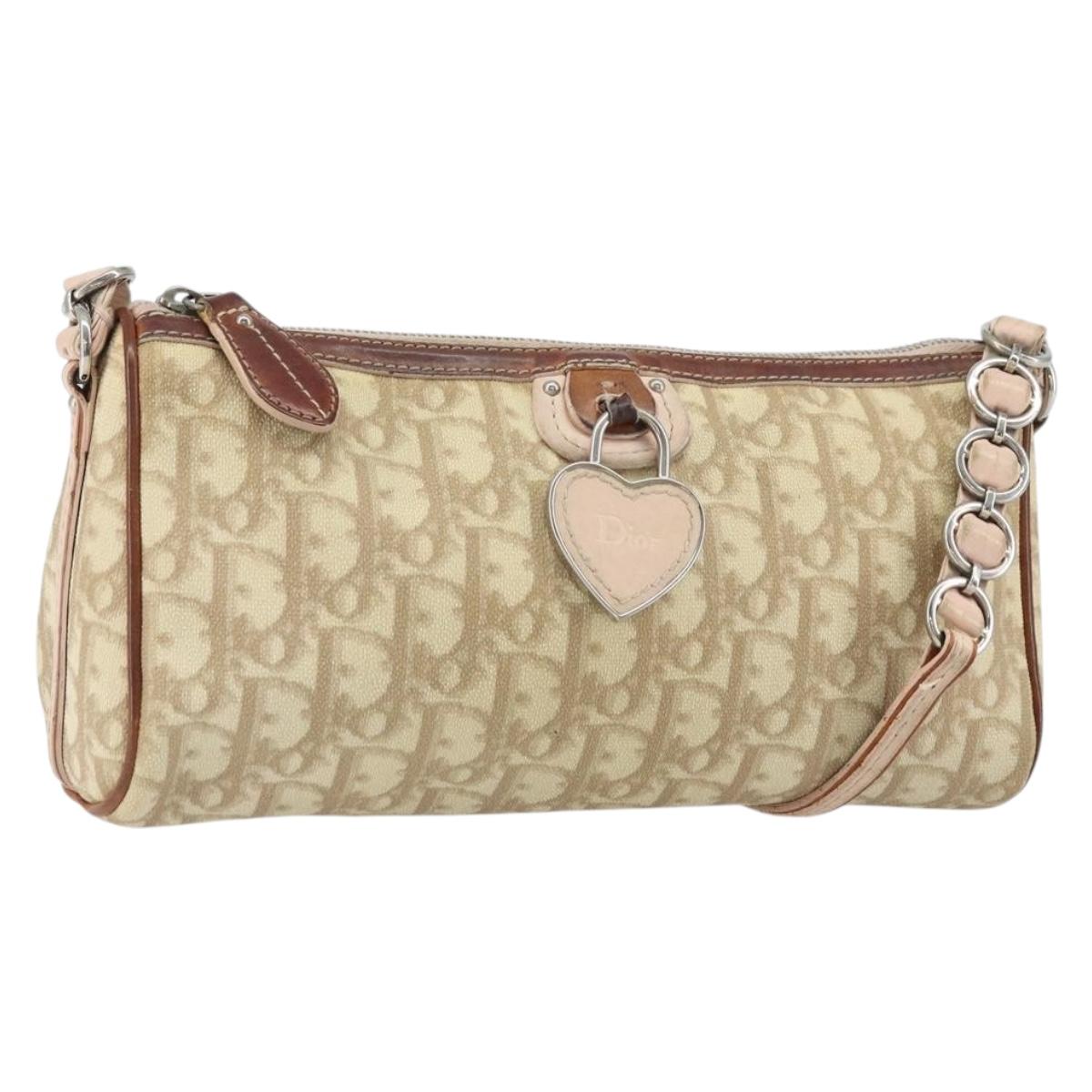 Christian Dior Trotter Canvas Romantic Shoulder Bag PVC Beige Silver Auth 163773