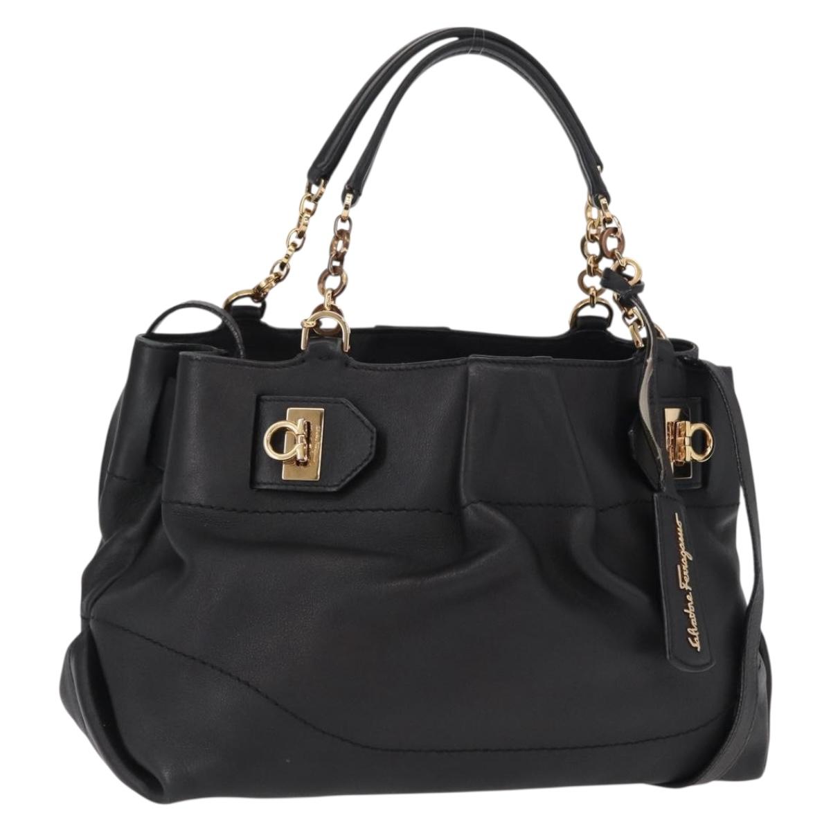 Salvatore Ferragamo Gancini Hand Bag Leather 2way Black Gold Auth 163780