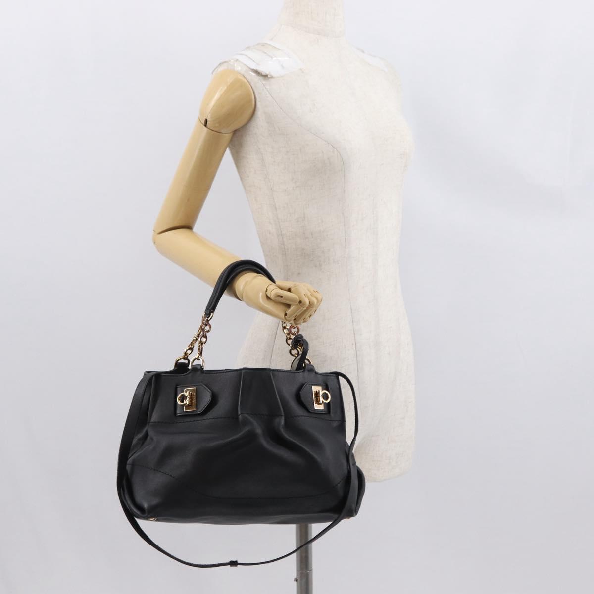 Salvatore Ferragamo Gancini Hand Bag Leather 2way Black Gold Auth 163780