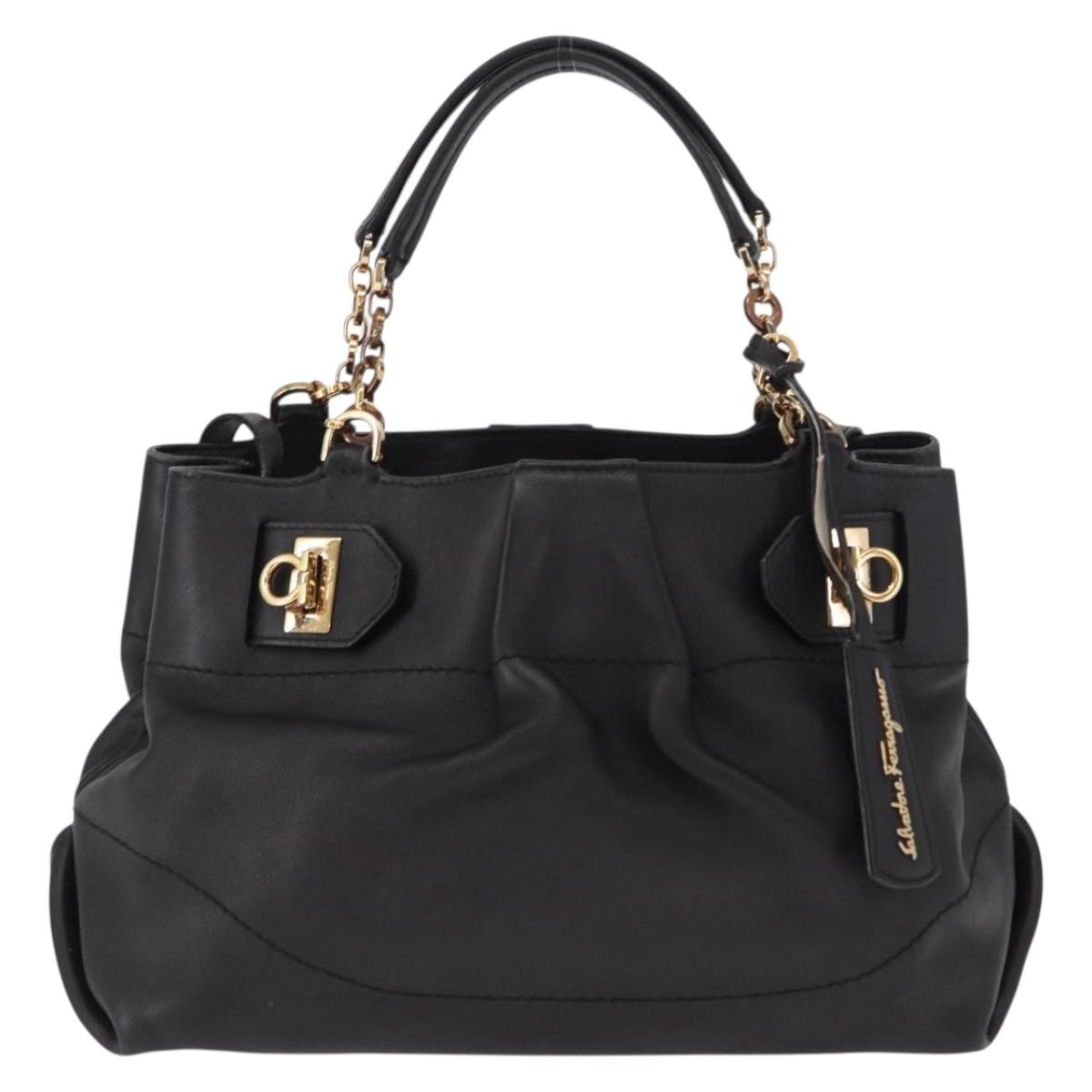 Salvatore Ferragamo Gancini Hand Bag Leather 2way Black Gold Auth 163780
