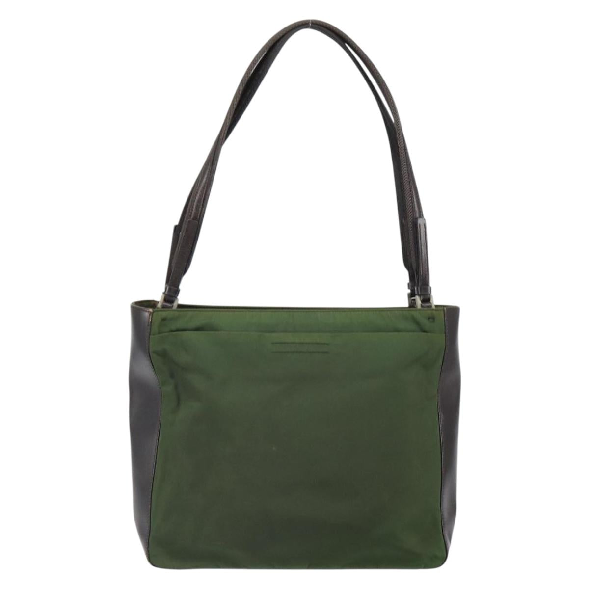 PRADA Tote Bag Nylon Khaki Silver Auth 163781