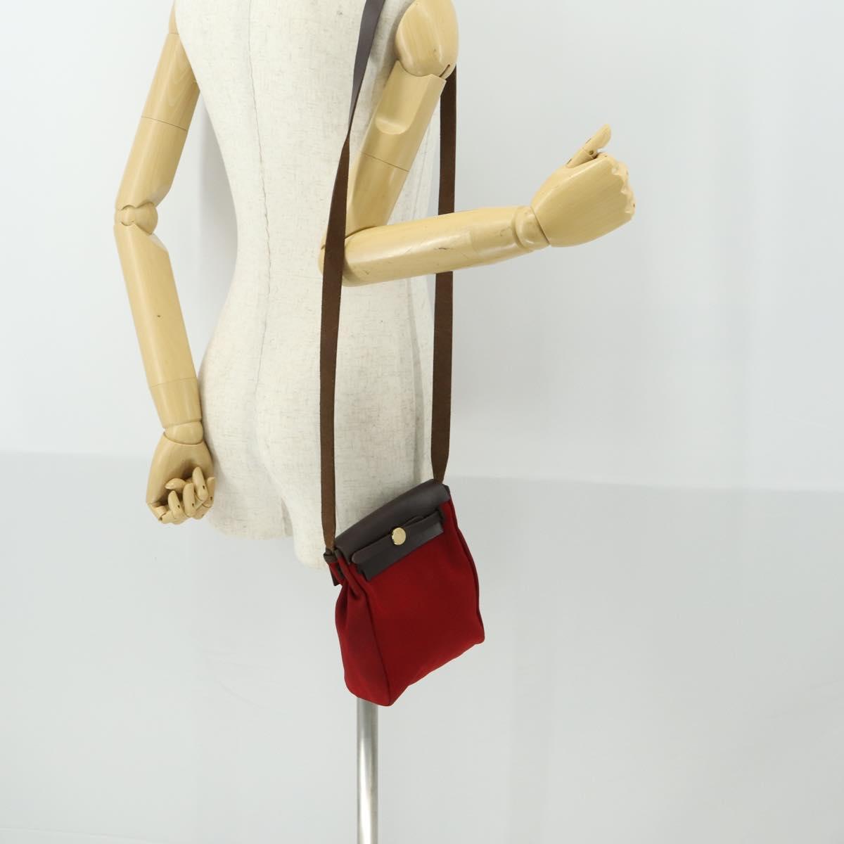 HERMES Her Bag TPM Shoulder Bag Canvas Red Auth 163783