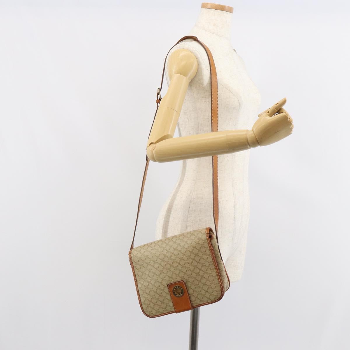 CELINE Macadam Canvas Circle Shoulder Bag Beige Gold Auth 163837