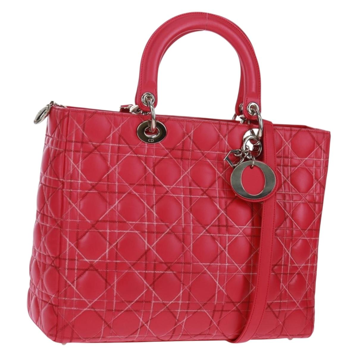 Christian Dior Lady Dior Hand Bag Lamb Skin 2way Pink Silver Auth 163880SAM