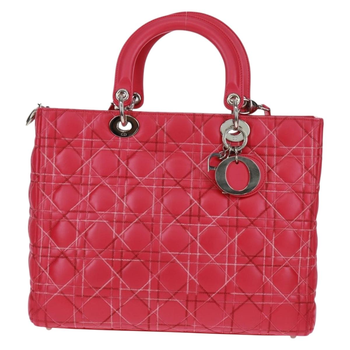 Christian Dior Lady Dior Hand Bag Lamb Skin 2way Pink Silver Auth 163880SAM