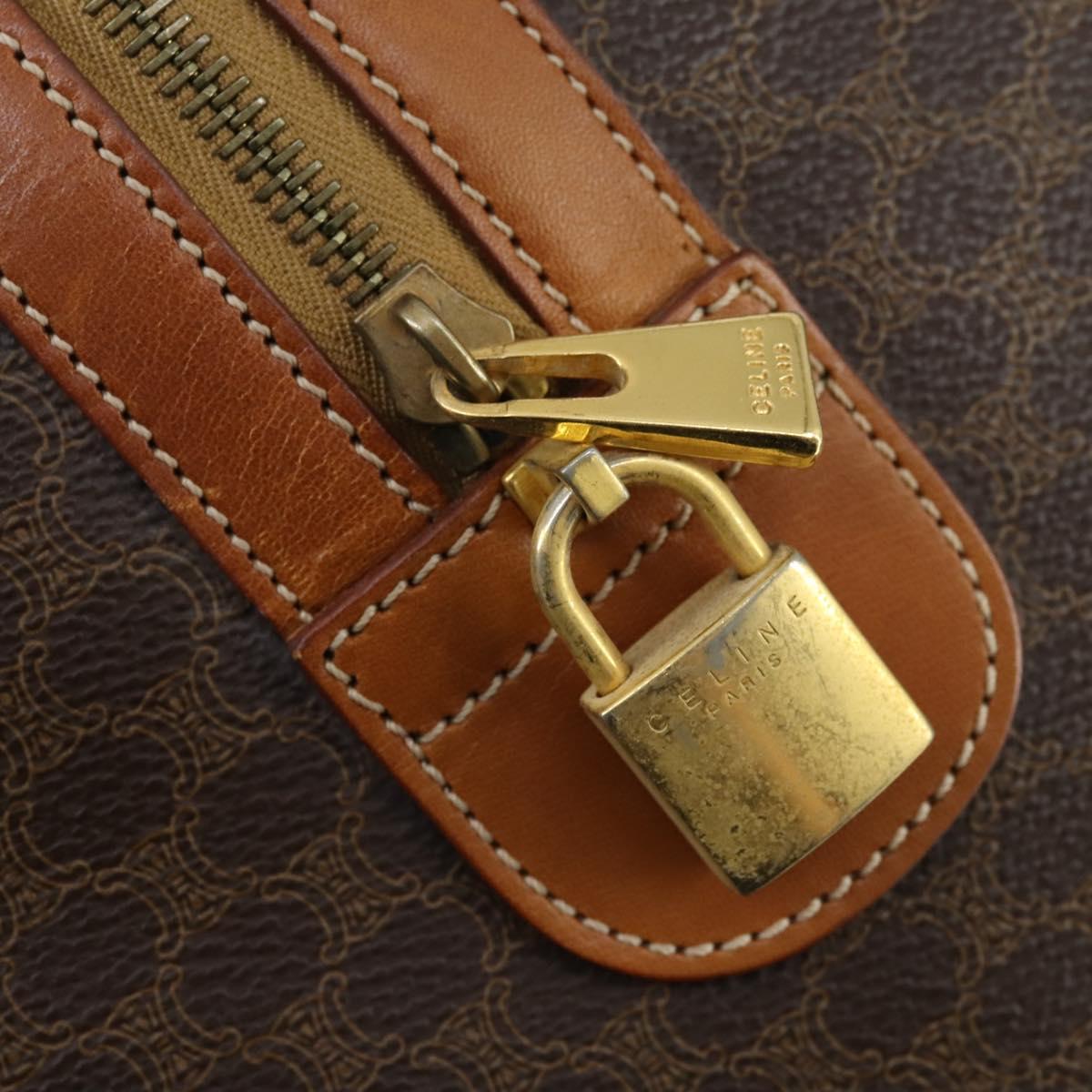 CELINE Macadam Canvas Boston Bag PVC Leather Brown Gold Auth 163903