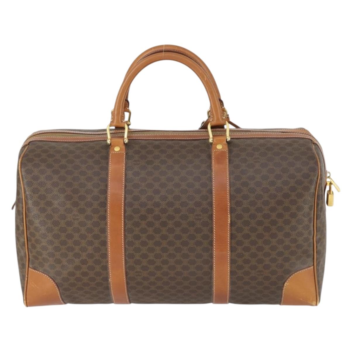 CELINE Macadam Canvas Boston Bag PVC Leather Brown Gold Auth 163903
