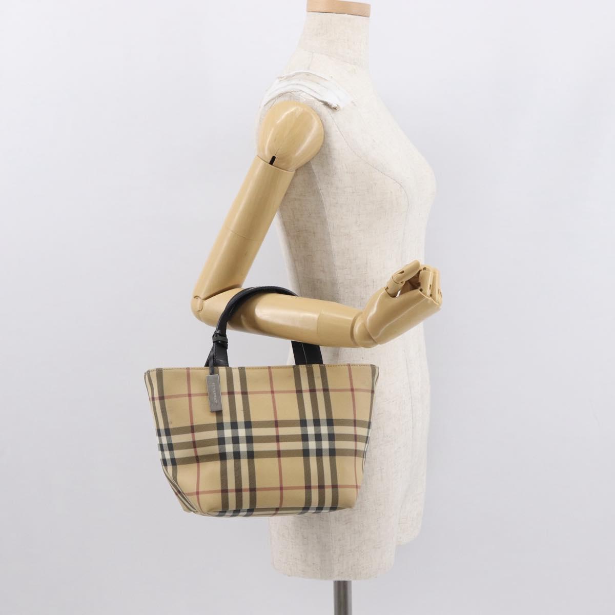 BURBERRY Nova Check Hand Bag PVC Beige Silver Auth 163918