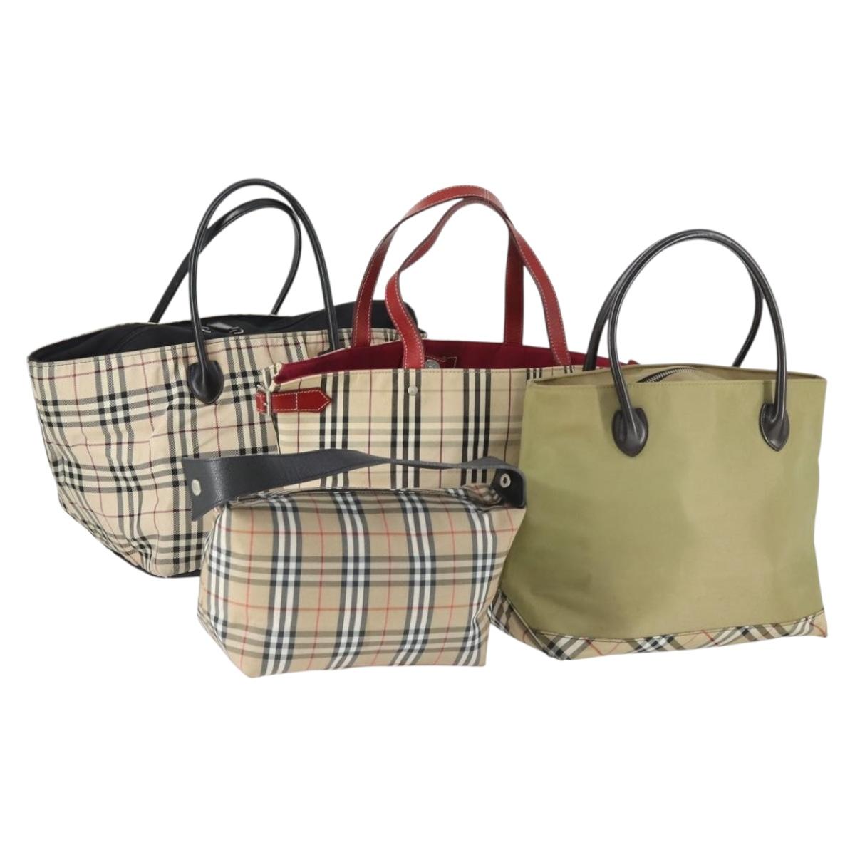 BURBERRY Nova Check Blue Label Bag Canvas nylon 4 Set Beige Green Auth 163920
