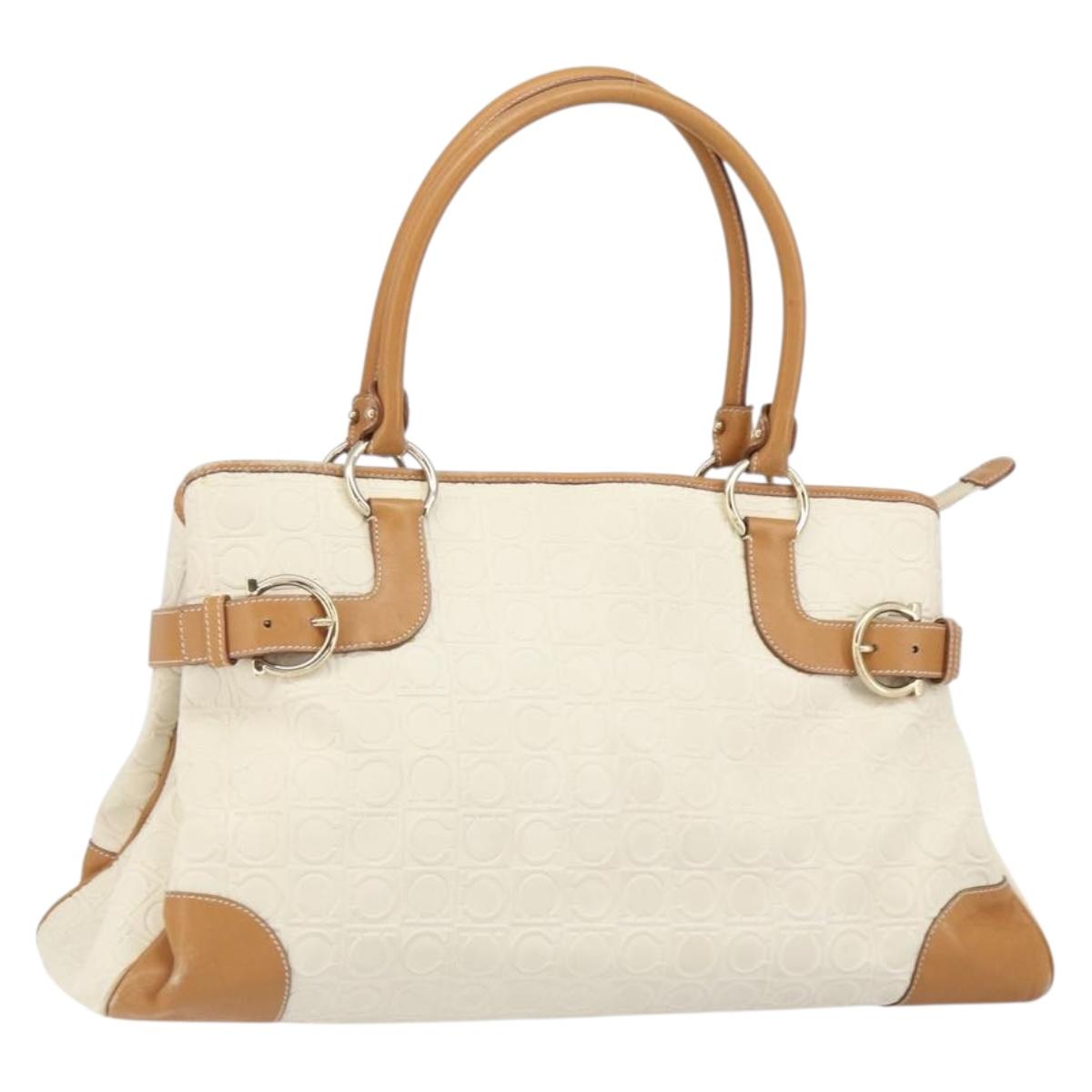 Salvatore Ferragamo Gancini Hand Bag Leather White Gold Auth 163937