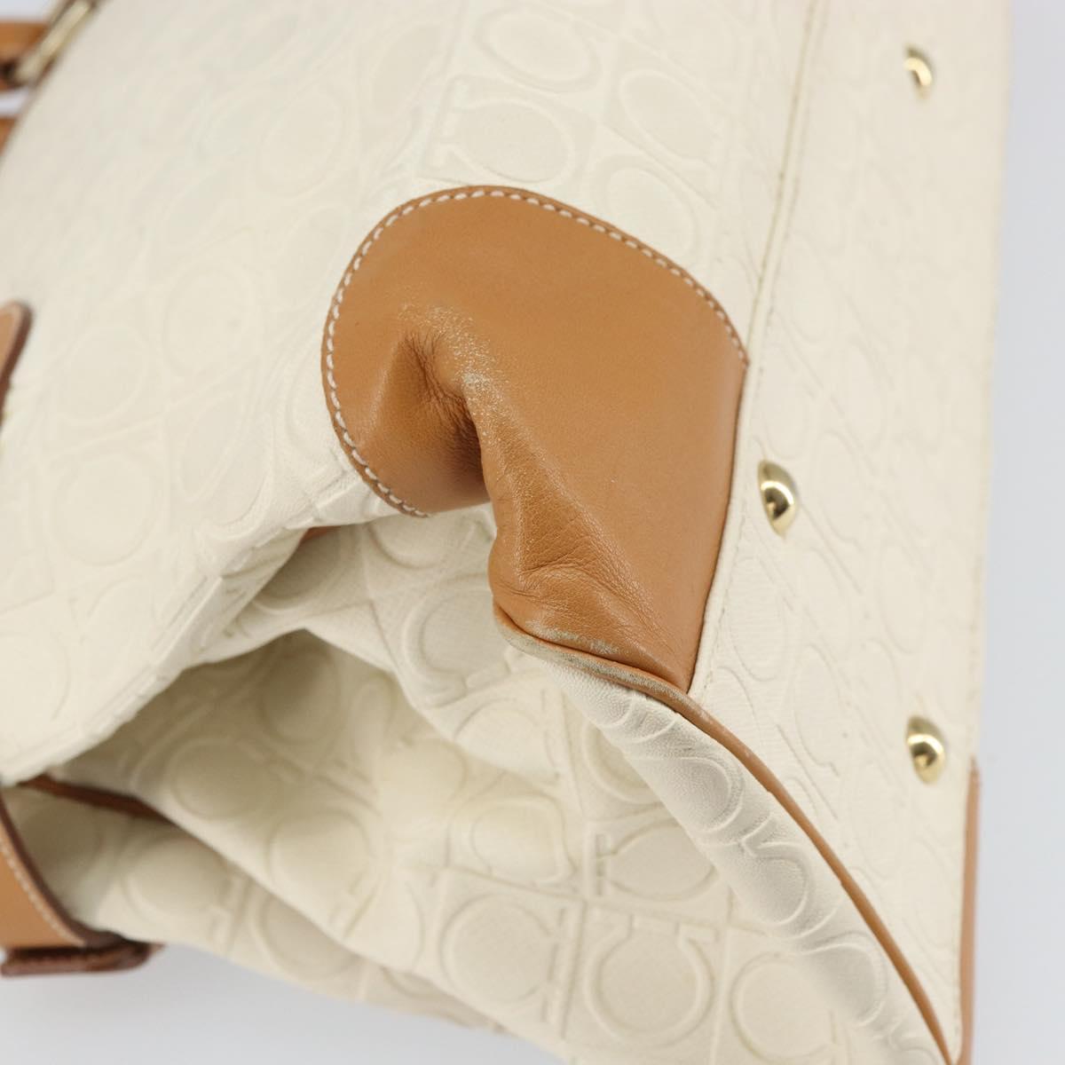 Salvatore Ferragamo Gancini Hand Bag Leather White Gold Auth 163937