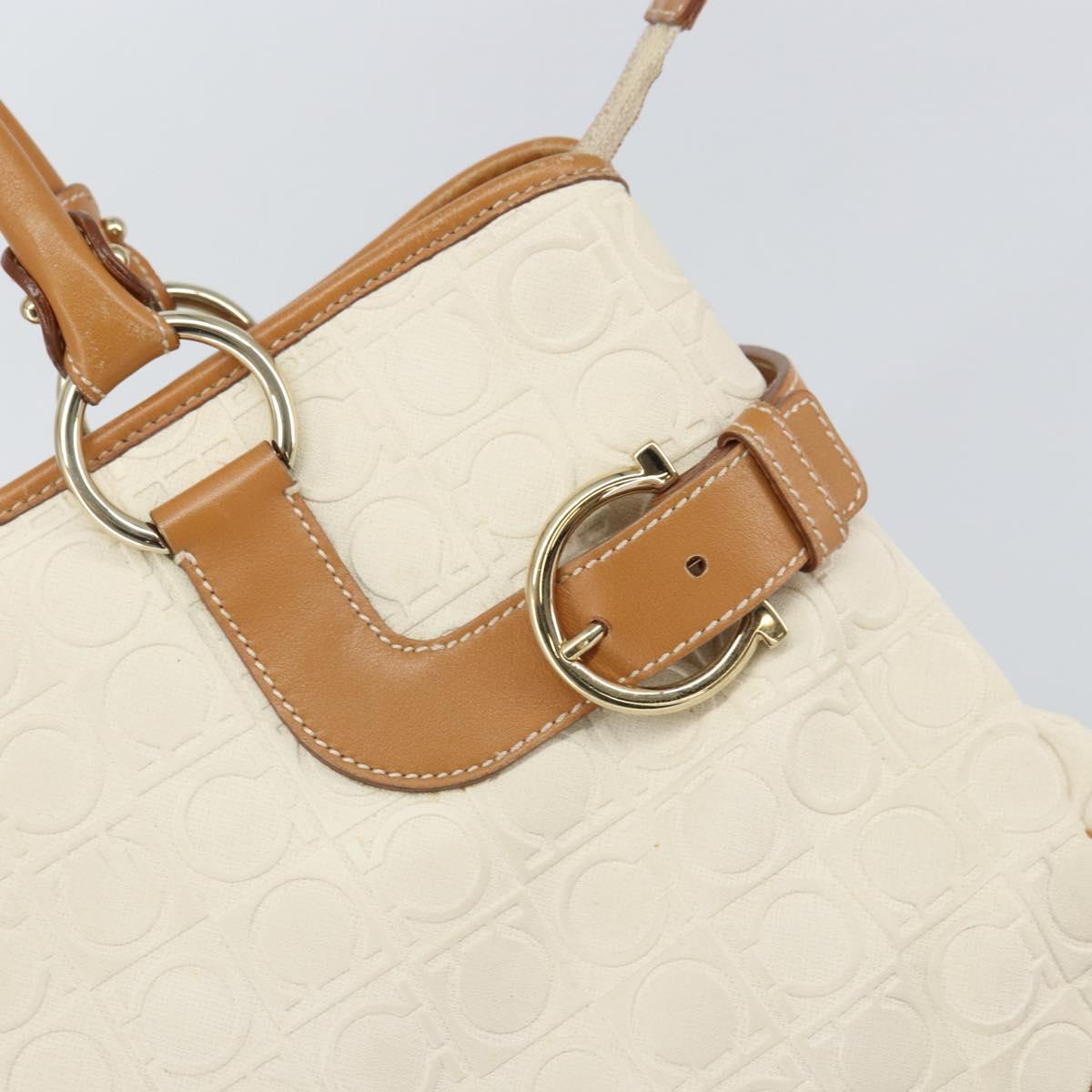 Salvatore Ferragamo Gancini Hand Bag Leather White Gold Auth 163937