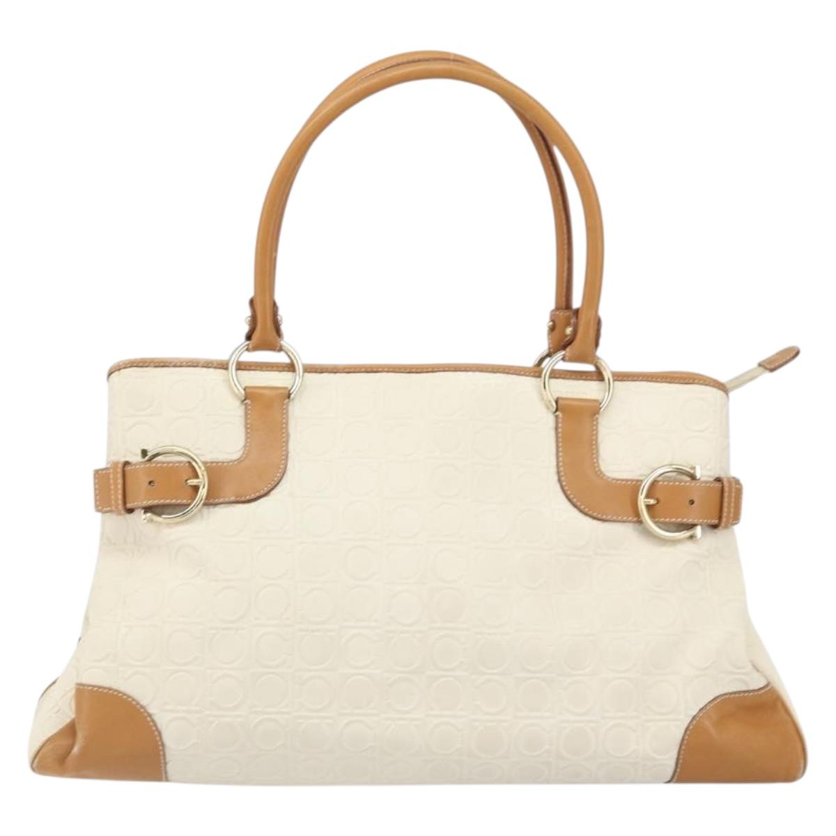 Salvatore Ferragamo Gancini Hand Bag Leather White Gold Auth 163937