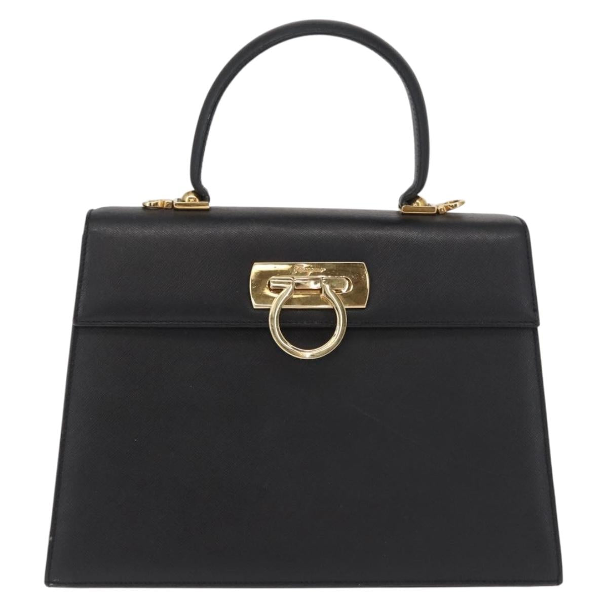 Salvatore Ferragamo Gancini Hand Bag Leather Black Gold Auth 163946