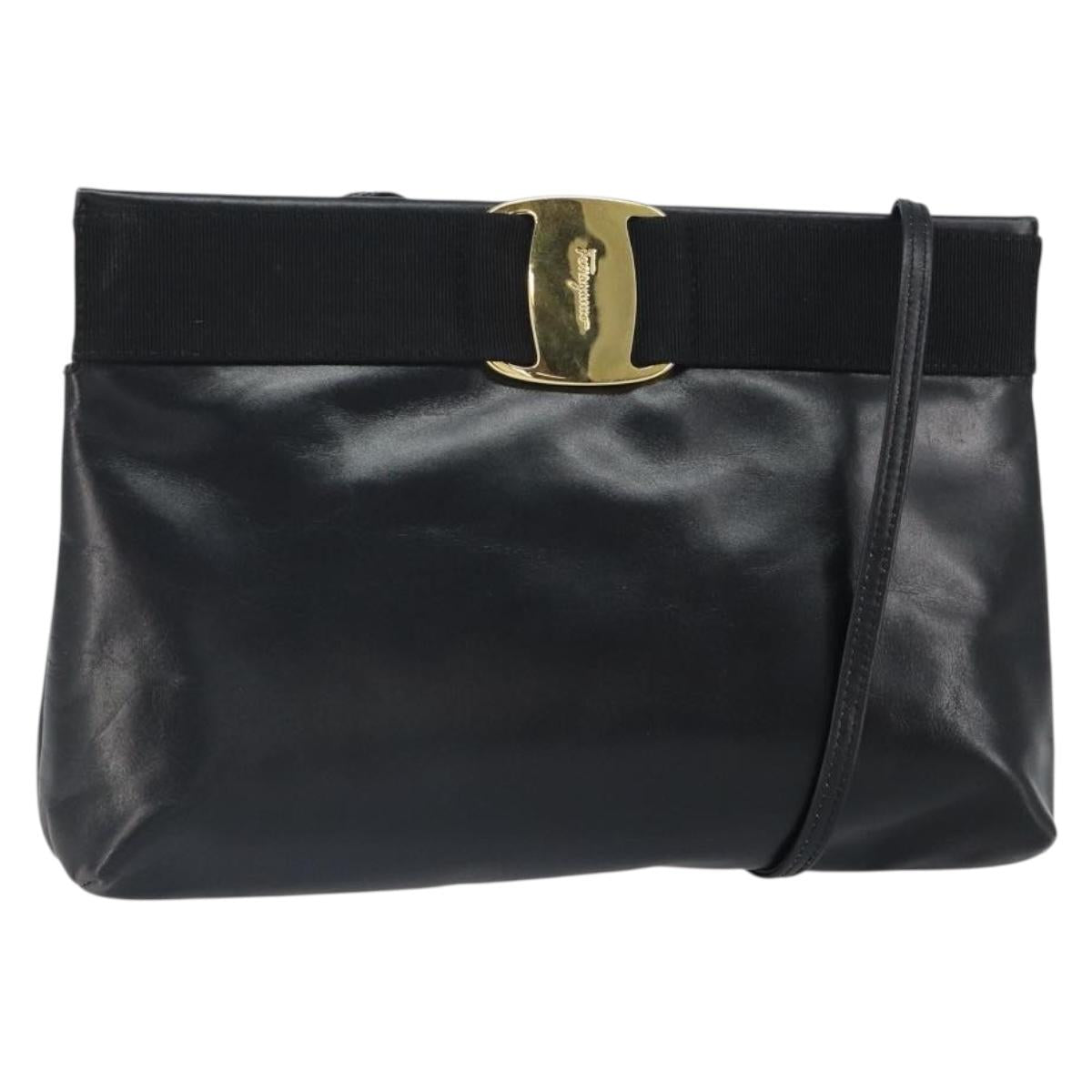 Salvatore Ferragamo Shoulder Bag Leather Black Gold Auth 163963