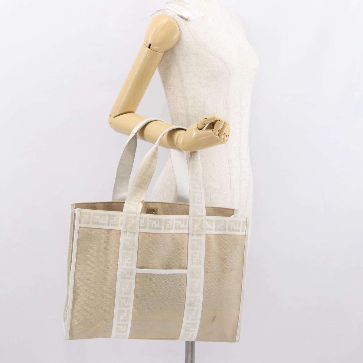 FENDI Zucca Canvas Tote Bag White Gold Auth 163978